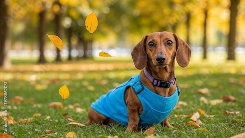 Dachshund wearing blue vest sitting on grass in autumn park  