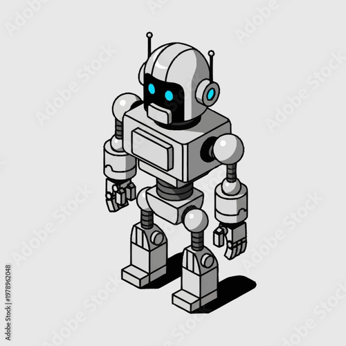 A cute robot with blue eyes standing alone.