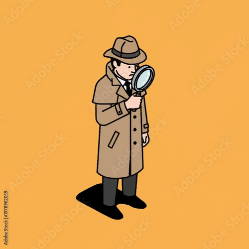 cartoon detective examining clues closely.