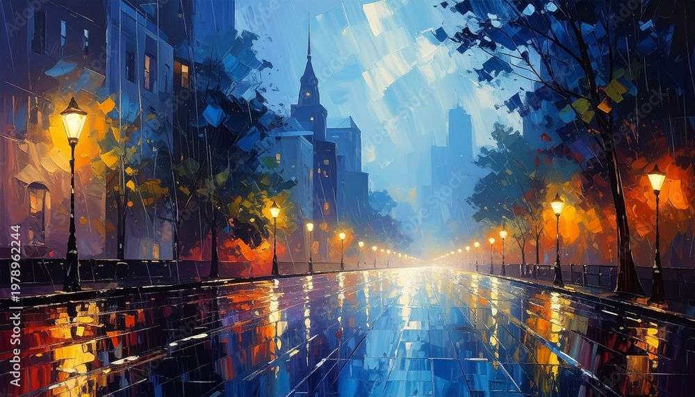 Fototapeta premium 雨上がりの街路に灯りが映り込む幻想的な夜景イラスト