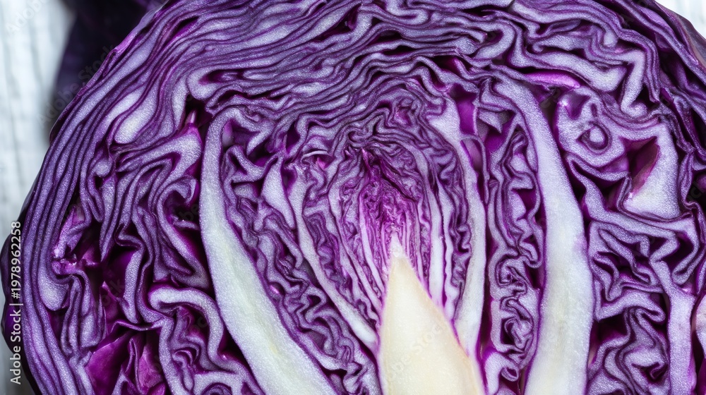 Obraz premium Close-up of fresh purple cabbage leaves showing layered textures and intricate veins. Organic vegetable foliage in deep purple hues. Macro view for food photography and botanical nature concepts.