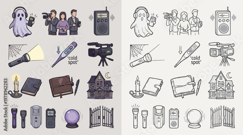 Collection of paranormal investigation equipment and symbols, including a ghost, investigators, EMF meter, flashlight, and haunted house.