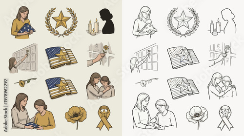 Illustrations depicting themes of remembrance, grief, and support, including a woman holding a folded flag, a star wreath, and people comforting each other.