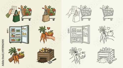 Illustrations depicting the journey of fresh produce from shopping cart to refrigerator and composting bin.