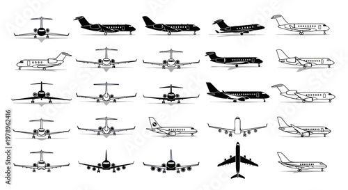 Collection of Private Jet and Business Aircraft Icons and Illustrations