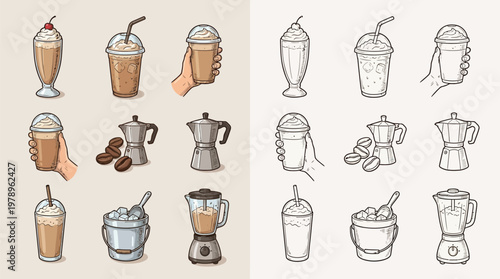 Collection of hand-drawn illustrations depicting various coffee drinks, brewing equipment, and preparation tools.