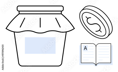 Personal finance, education, business growth, financial literacy, entrepreneurship, savings. A jar with lid, coin symbol and open book with text. Savings and financial literacy concept