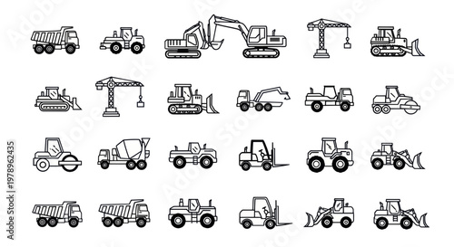 Set of Construction Vehicles and Machinery, Line Art Icons