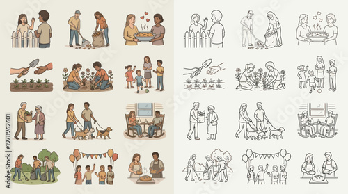 A collection of charming hand-drawn illustrations depicting various heartwarming scenes of people engaging in community activities and enjoying life's simple pleasures.
