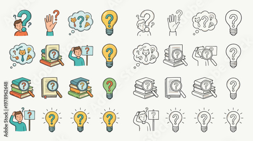 Collection of icons representing thinking, questions, ideas, and problem-solving, presented in both color and outline styles.