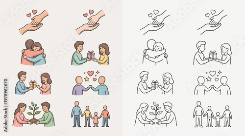 Collection of illustrations depicting acts of kindness, support, and community building, presented in both colored and line art styles.