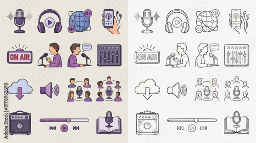 Collection of colorful and monochrome icons representing various aspects of podcasting and audio production, including microphones, headphones, and broadcasting equipment.