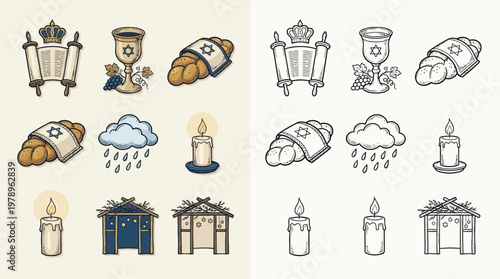 Collection of Jewish religious and cultural symbols, including a Torah scroll, Kiddush cup, challah bread, candles, clouds with rain, and a sukkah.
