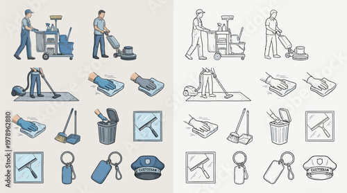 Collection of cleaning service icons and illustrations, featuring janitorial staff, equipment, and tools for maintaining cleanliness in various settings.