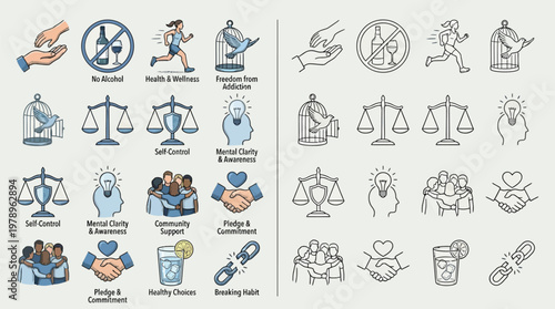 Collection of icons representing healthy lifestyle choices, personal growth, and overcoming addiction, with both colored and outline versions.