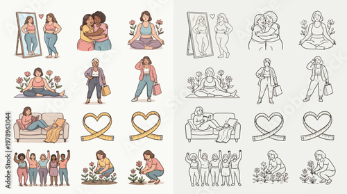 Collection of illustrations depicting women of diverse body types and ethnicities embracing self-love and empowerment.