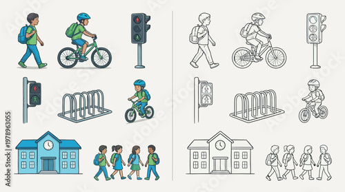 Collection of colorful and outline illustrations depicting school transportation and safety elements, including students, bicycles, traffic lights, and a school building.