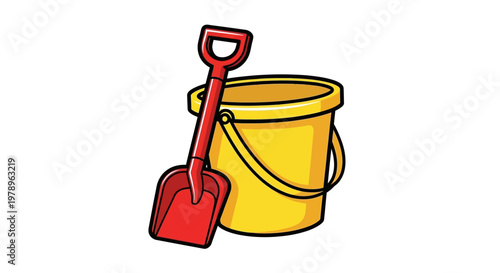A bright yellow bucket and a red shovel are ready for a fun day at the beach. These essential tools are perfect for building sandcastles and having a great time