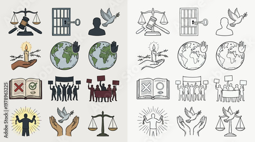Collection of colorful and outlined icons representing human rights, justice, peace, and social activism.