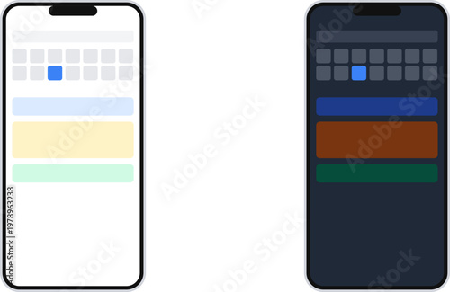 Hand-drawn smartphones displaying light and dark mode calendar interfaces for scheduling daily business events illustration