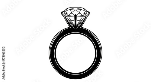 A elegant black and white illustration of a diamond ring, highlighting the ring's design and brilliance. The central diamond stands out, reflecting light with its facets.
