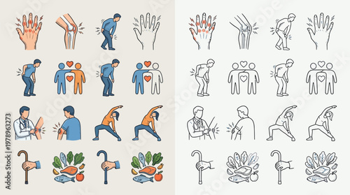 Collection of icons illustrating various health conditions, medical treatments, and healthy lifestyle choices.