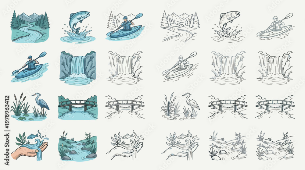 Fototapeta premium Collection of hand-drawn illustrations depicting various natural scenes and activities related to water, including rivers, waterfalls, kayaking, and wildlife.