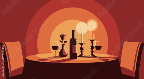 A romantic candlelit dinner setting with a bottle of wine, a rose, and two glasses, creating an intimate ambiance.