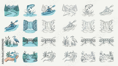 Collection of hand-drawn illustrations depicting various natural scenes and activities related to water, including rivers, waterfalls, kayaking, and wildlife.