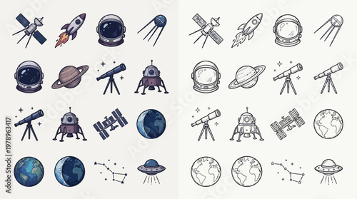 A collection of colorful and grayscale icons representing space exploration, including rockets, astronauts, planets, and spacecraft.