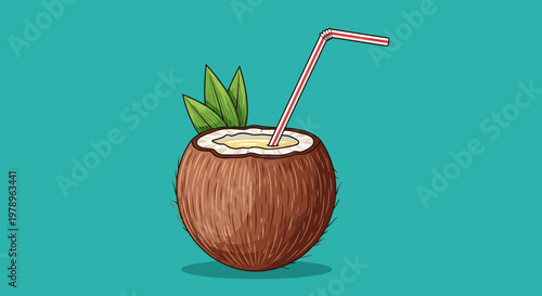 A refreshing coconut drink with a straw, perfect for a tropical getaway. The coconut is filled with a refreshing drink and is adorned with tropical leaves