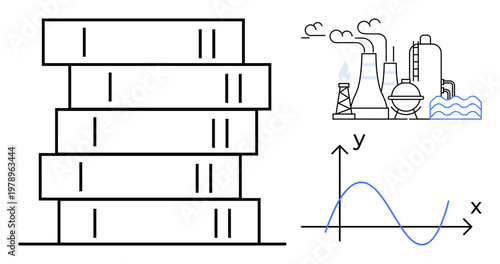 Industrial processes, business analytics, data interpretation, production efficiency, manufacturing output, economics. Factory with smokestacks alongside data and graph. Industrial production