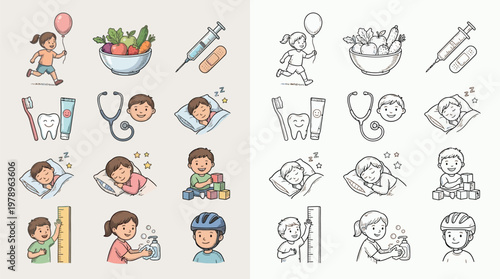 A collection of colorful and line-art illustrations depicting children's health, hygiene, and daily activities.