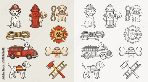 Collection of cute cartoon illustrations depicting firefighter dogs and related equipment, including a fire hydrant, truck, axe, and ladder.
