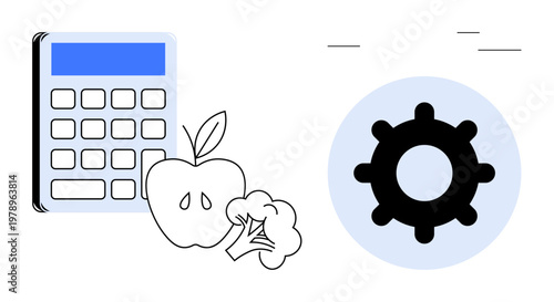 Health concept. Health by fruits and vegetables alongside a calculator and a gear icon. Health combines nutrition, calculation, and system productivity. Perfect for wellness, education, planning