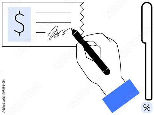 Finance, banking, payments, contracts, investments, business transactions. Hand signing a financial check with a pen and dollar symbol. Banking and payment concepts