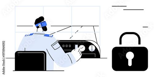 Aviation safety, pilot security, navigation systems, data protection, transportation management, flight operation. Pilot managing controls with a lock icon. Aviation safety and pilot security