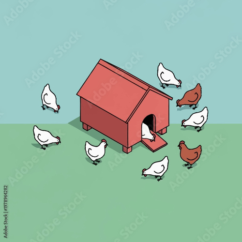 chicken house with white and brown hens.