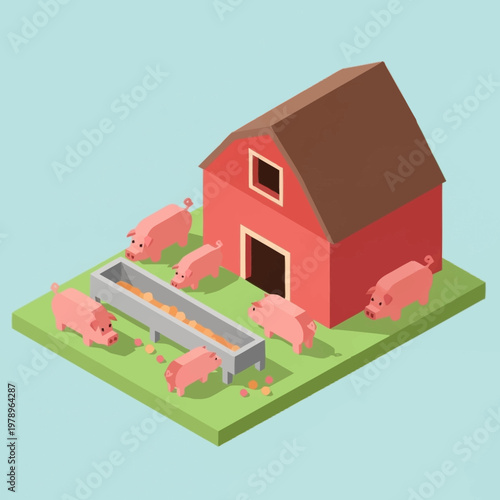 Isometric illustration of pigs feeding outside a barn.