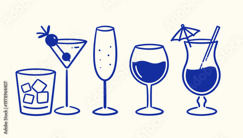  Set of blue cocktail and alcoholic drink illustrations