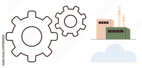 Industrial design, production processes, manufacturing systems, mechanical engineering, business, automation. Two interlocking gears and a factory building with smoke stacks. Industrial design