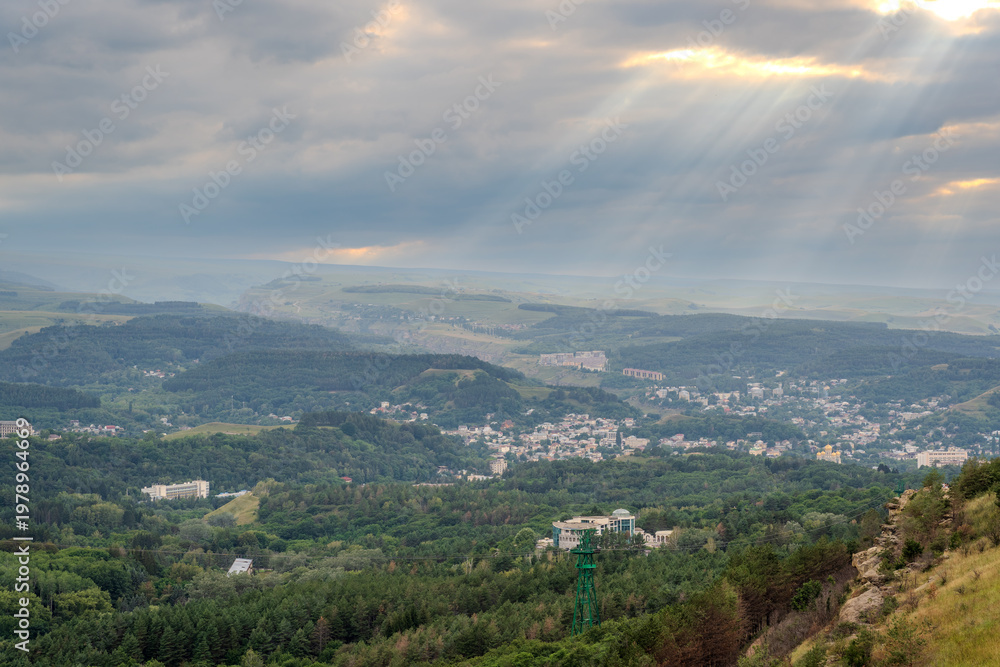 Fototapeta premium View of Kislovodsk Park and the cable car from the mountain