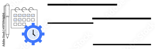 Productivity, organization chart, task scheduling, business planning, workflow optimization, deadlines management. Calendar with a pen, checklist and gear icon. Productivity and organization chart