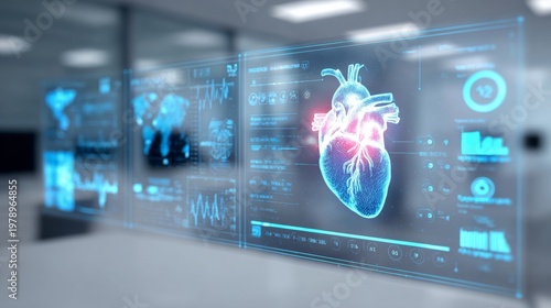 Futuristic healthcare technology interface displaying a digital human heart with medical data visualization. Advanced AI system analyzing patient health metrics in a modern hospital environment. Conce