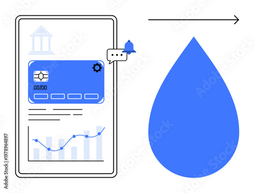 Financial technology, banking platforms, data analytics, mobile applications, water conservation, digital solutions. Mobile interface with card, graphs and message icons. Financial technology