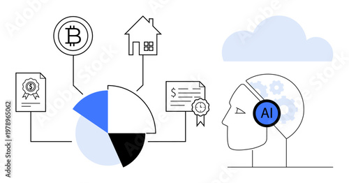 Finance, blockchain, data visualization, AI, documents, property. A pie chart connects elements of AI, property and blockchain. Finance and blockchain technology applications displayed