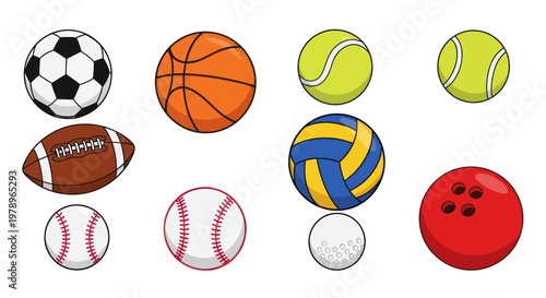Collection of diverse sports balls: soccer, basketball, tennis, baseball, volleyball, bowling, American football