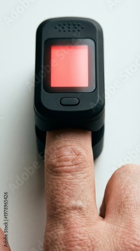 Macro of Unbranded Smart Pulse Oximeter on Human Finger