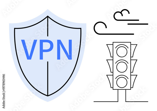 Internet safety, cybersecurity, VPN usage, traffic control, online privacy, network protection. Shield with VPN text, traffic light and abstract wind elements. Internet safety and cybersecurity