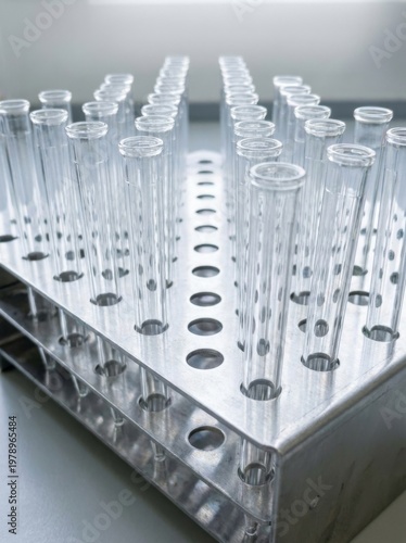 Grid of Empty Clear Glass Test Tubes in Laboratory Rack